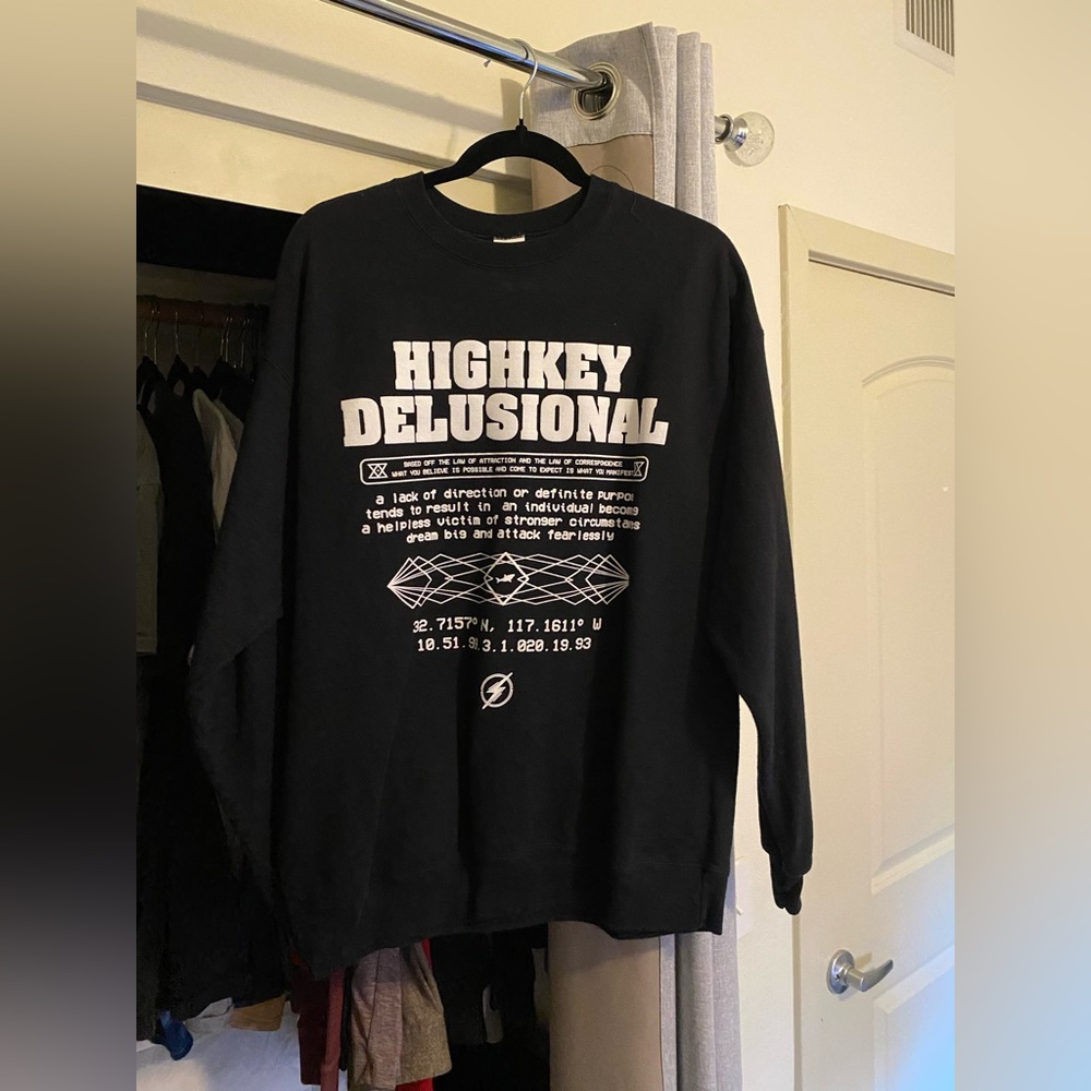 Men’s Large black ‘HANES’ ‘highly delusional’ sweater